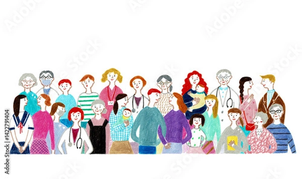 Fototapeta 手描きイラスト　笑顔で微笑む医者と看護師と患者