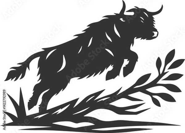 Fototapeta Highland cattle animal running silhouette vector