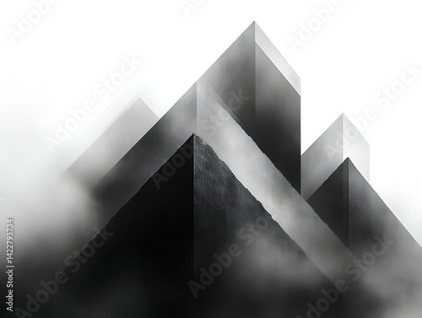 Fototapeta Abstract grayscale image of geometric shapes resembling mountains shrouded in fog.