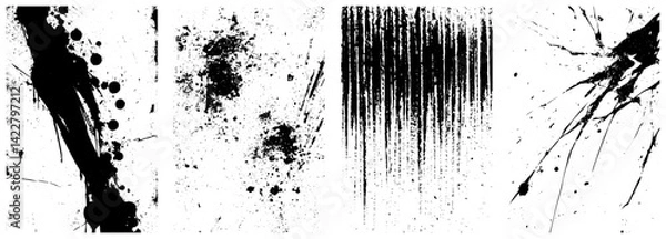 Obraz Grunge Ink Drip and Splatter Texture Set, Abstract Black Paint Effects for Overlays and Design