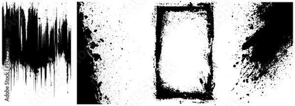 Obraz Grunge Ink Drips, Splatter, and Border Texture Set, Abstract Black Paint Overlays Collection