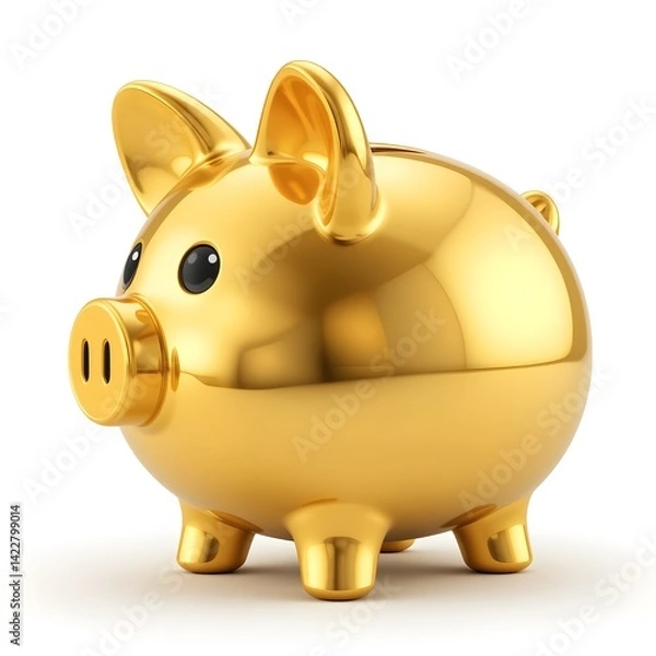 Obraz 3d cute animation of a gold piggy bank on white background