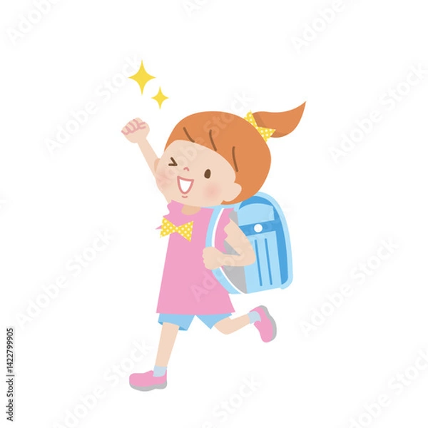 Fototapeta ランドセルを背負ってガッツポーズする女の子