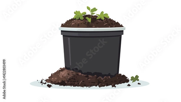 Obraz A digital illustration of a dark grey or black cylindrical plastic flower pot filled with dark brown soil. Tiny, bright green seedlings sprout from the soil surface.