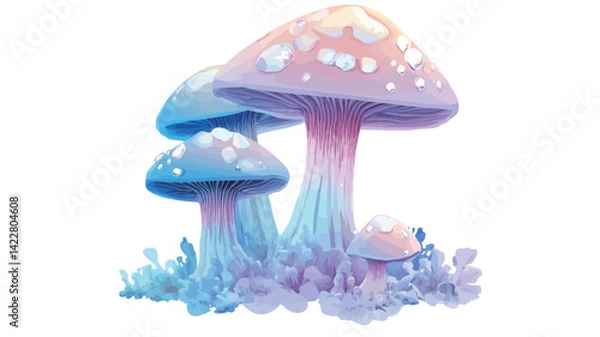 Obraz This digital illustration shows two stylized mushrooms in soft blue, pink, and purple tones. The larger mushroom dominates the entire composition.