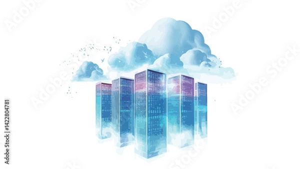 Obraz The image features a stylized digital illustration of a data center nestled among translucent, ethereal clouds.