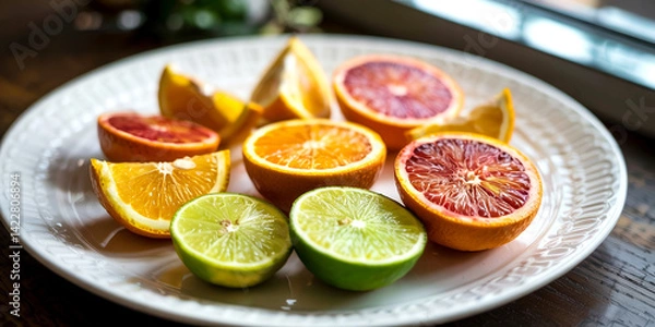 Fototapeta Fresh citrus fruit plate: oranges, blood oranges, and limes for healthy eating and vitamin c boost