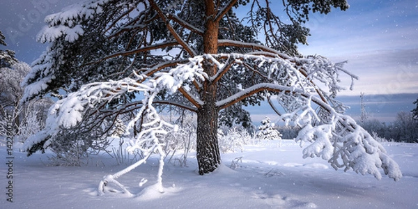 Fototapeta Winter wonderland snow scene: snowy pine tree landscape photography for christmas backgrounds images
