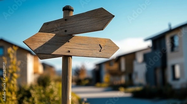 Obraz Navigating life's choices a weathered signpost guiding towards new paths, opportunities, and personal growth in residential area