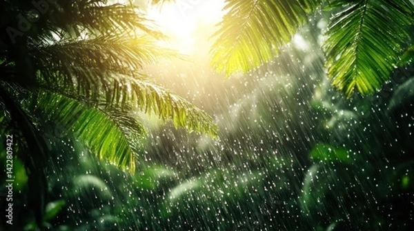 Obraz Tropical rainforest canopy during a light shower.