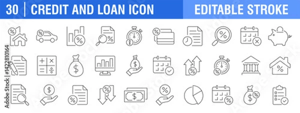 Fototapeta Collection of loan and credit icons. Installment, payment, house, car. Vector design template, signs, symbols, editable stroke.