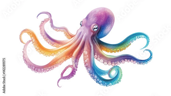 Obraz A digitally rendered illustration of an octopus, rendered in vibrant rainbow colors. The octopus is rendered against a solid white background, creating a high-contrast image.