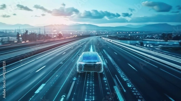 Fototapeta Autonomous vehicle driving on a highway with digital interfaces.