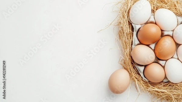 Fototapeta Fresh Farm Eggs Nestled in Straw on White Background