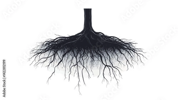 Obraz A high-contrast, vector illustration depicts a detailed tree root system against a stark white background. The roots are rendered in a deep, dark charcoal gray, creating a strong visual impact. The