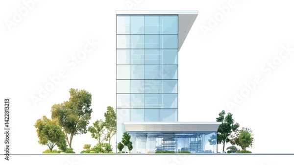 Fototapeta The image shows a digital rendering of a modern high-rise office building. The building features a smooth glass curtain wall with a unique geometric design. The glass reflects light.