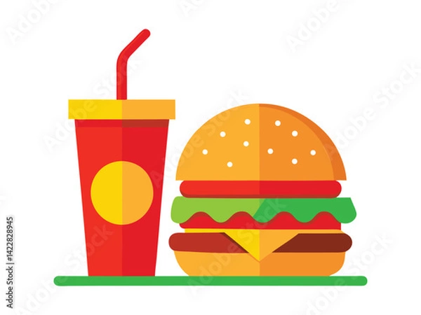 Fototapeta A burger with lettuce, tomato, cheese and meat, a red soda cup with a straw on a white background, fast food concept