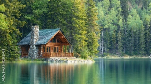 Fototapeta A cozy lakeside cabin with a prominent stone chimney, surrounded by pine trees and calm waters.