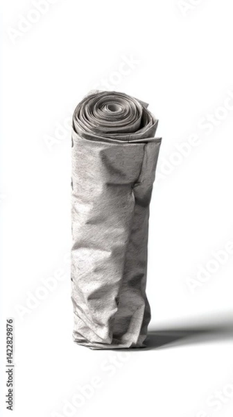 Fototapeta A rolled-up, crumpled gray object resembling paper or fabric, displayed against a plain white background.