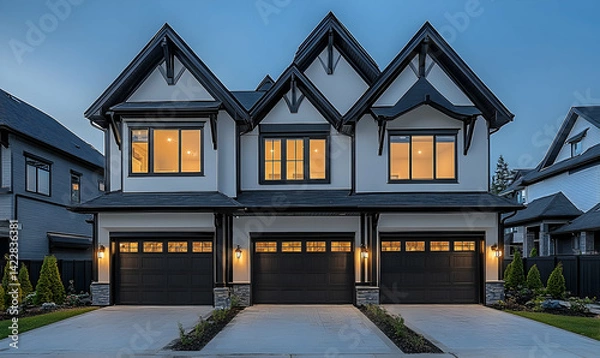 Fototapeta Modern duplex home with illuminated windows at dusk, surrounded by landscaped gardens