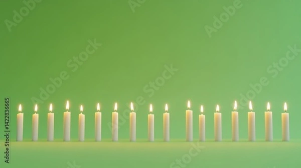 Fototapeta A row of elegant candles burning gently, isolated on a chroma key green background