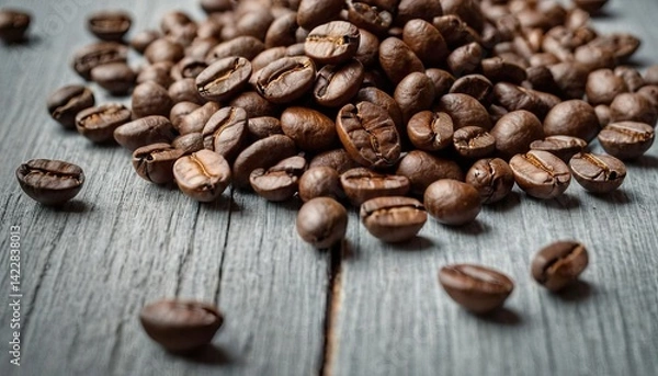 Fototapeta Side view of fresh coffee beans isolated on a white wooden background
1