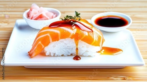Obraz A beautifully arranged sushi platter featuring salmon, accompanied by pickled ginger and soy sauce on a wooden surface.