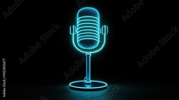 Fototapeta A sleek neon blue podcast microphone icon with animated sound waves pulsing on a black background, futuristic audio concept