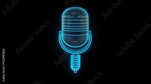 Fototapeta A sleek neon blue podcast microphone icon with animated sound waves pulsing on a black background, futuristic audio concept