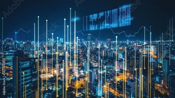 Fototapeta A modern metropolis at night with a sleek holographic timeline floating above, displaying progress from 2025 to 2030