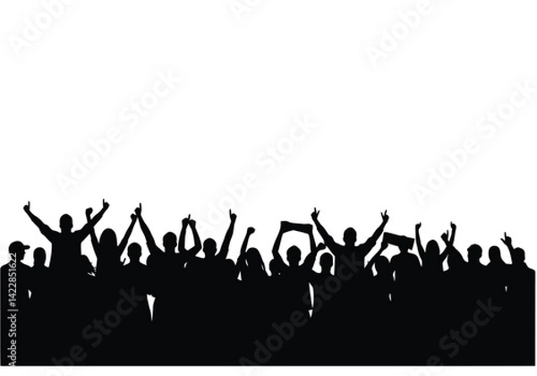 Fototapeta Crowd silhouettes. This image depicts a group of people in silhouette with raised hands, illustrating unity, excitement, and lively celebration. Vector clipart illustration design.