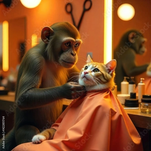 Obraz A barber monkey is trimming the hair of her friend, a cat.