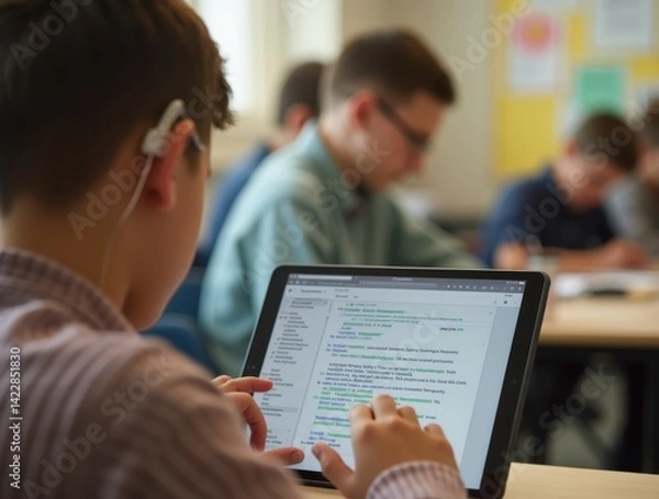 Obraz Student with hearing aid using tablet and speech-to-text app in an inclusive classroom learning environment.

