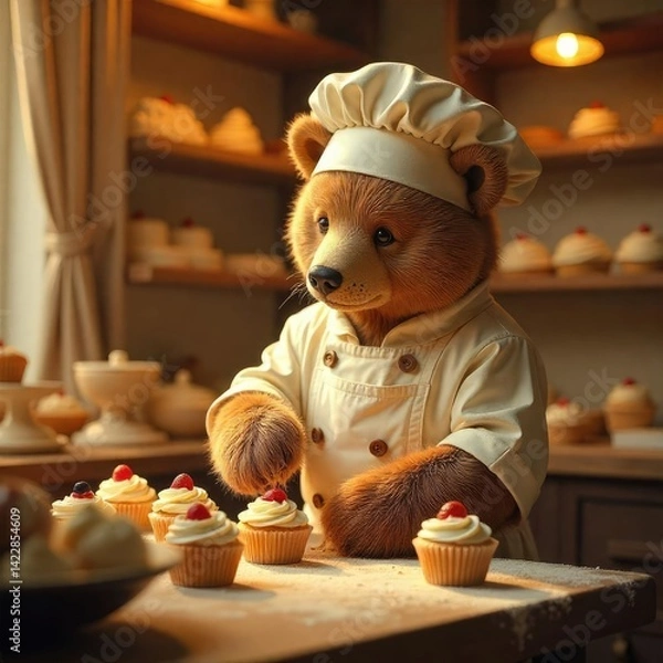 Obraz The pastry bear is decorating the cookies.