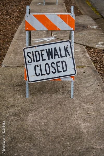 Fototapeta Sidewalk Closed Sign Askew with Copy Space Below