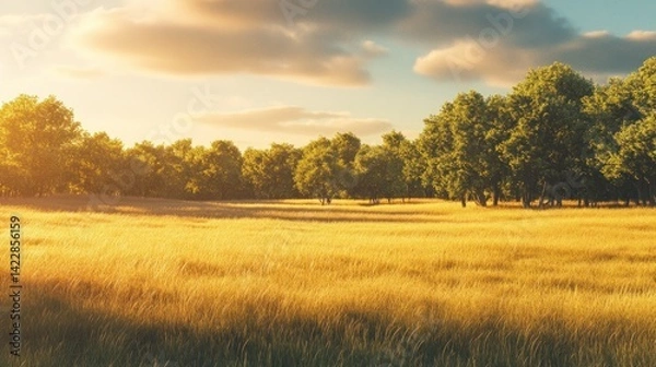 Obraz Golden meadow bathed in sunset light, surrounded by lush trees.