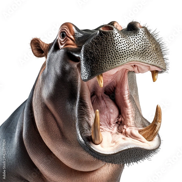 Obraz Close-up of an aggressive hippopotamus with open mouth isolated on transparent background