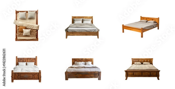 Obraz Collection of wooden Bed top view full length isolate on transparency background