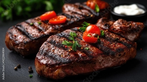 Obraz Three grilled steaks, seasoned and topped with cherry tomatoes and herbs
