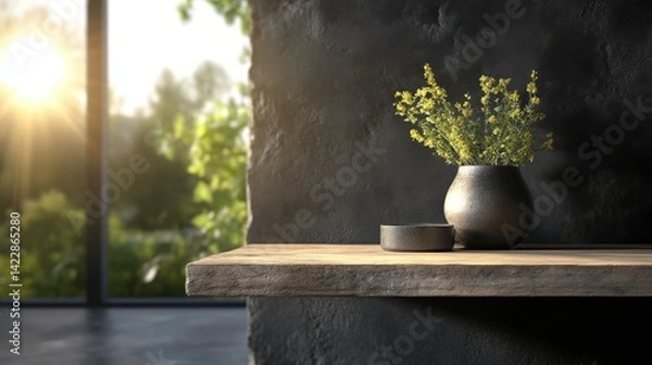 Obraz Rustic shelf with vase of yellow flowers, sunlit interior
