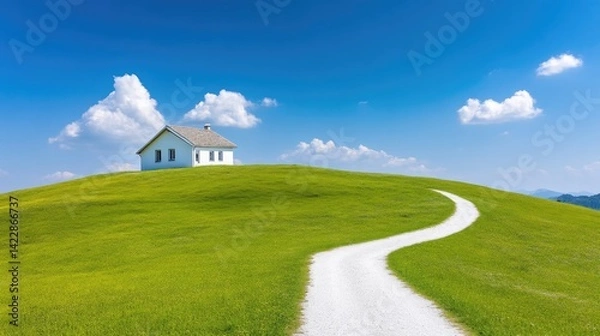 Obraz White House on Hilltop Winding Road Idyllic Landscape High-Resolution Vibrant Sunlight Wide Angle View Lush Green Grass Tranquil Scene Distant Mountains Bright Sunny Day Real Estate Marketing