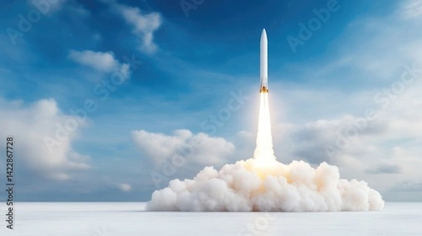 Obraz Rocket launch in the vast expanse of sky. Powerful thrust propels it into the clouds