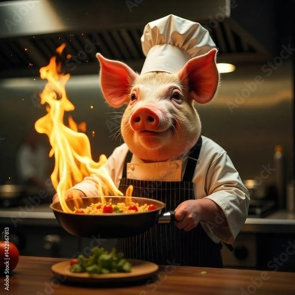Fototapeta Chef Pig Playing with Fire