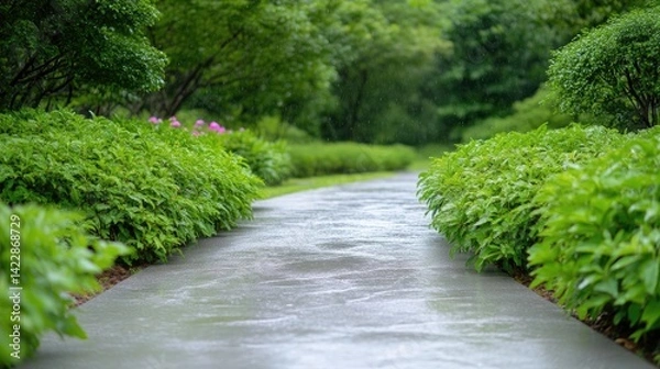 Obraz Wet Stone Path Lush Greenery Serene Natural Style High-Definition Soft Lighting Perspective View Rain-Kissed Texture Peaceful Stroll Lush Garden Cool Green Tones Landscape Design Inspiration