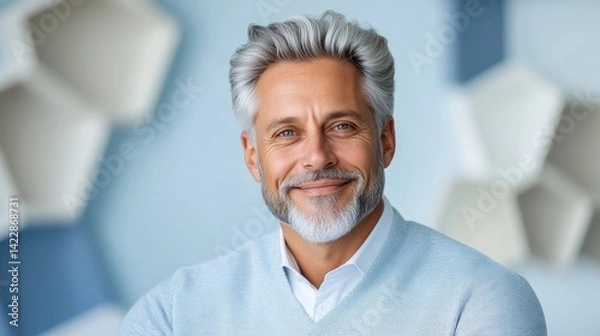 Obraz Mature Man Gray Hair Soft Light, High-Resolution Portrait, Subtle Smile, Abstract Shelf Background, Calm Serene Mood, Ideal for Corporate Branding