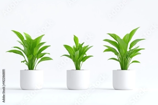 Obraz Three potted plants in white pots against a white background. Lush greenery, healthy foliage, simple design, minimalist aesthetic, home decor, office plants, indoor plants, fresh plants,