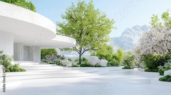 Obraz Modern, minimalist exterior of a contemporary home nestled in a lush garden setting, featuring flowing, curved white architecture and abundant greenery, creating a serene,