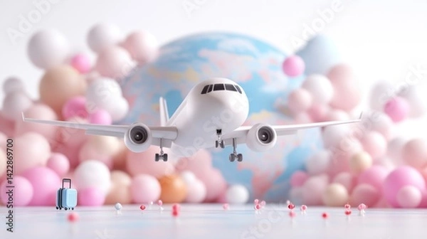 Obraz A stylized plane takes off over a pastel-colored world.  A miniature suitcase sits in the foreground