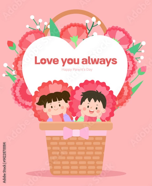 Fototapeta 귀여운 어린이캐릭터를 포함한 카네이션 가득한 어버이날 일러스트