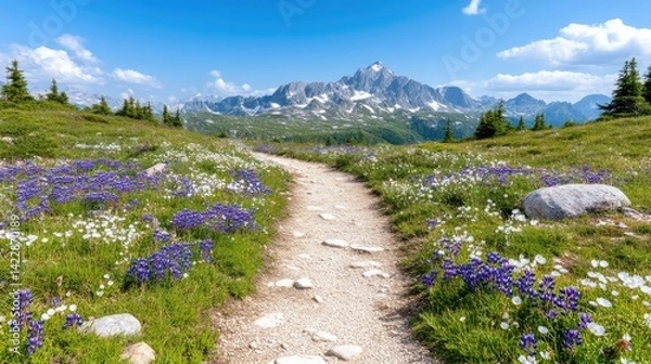 Obraz Hiking trail through wildflowers and mountains.  Scenic vista of a well-maintained path winding through a vibrant meadow of wildflowers.